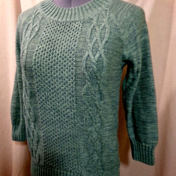 LL. BEAN Crew neck Crochet knit sweater top XS Olive Green Cable knit pullover - Picture 2 of 8